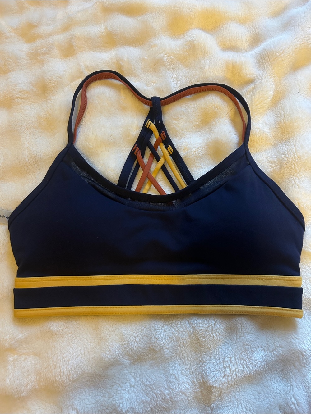 Lorna Jane Navy Sports Bra with Yellow Strappy Back